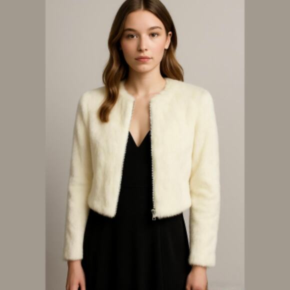 BEBE Ivory Cream Rabbit Fur Cropped Zip-up Jacket Lined Coat size Small - Picture 1 of 13